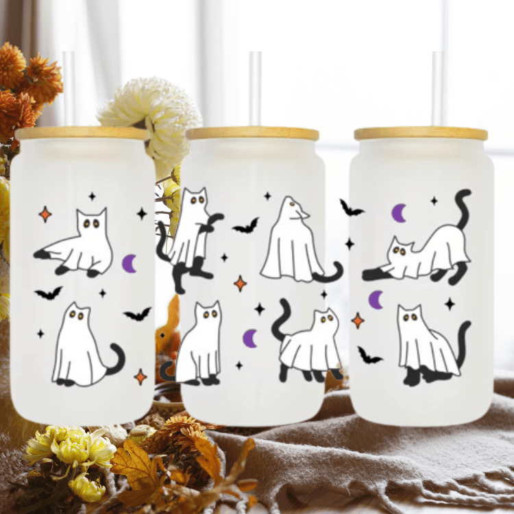 Halloween Ghost Cats Glass Can Cup, Ghost Cat Coffee Mug, Halloween Gift, Iced Coffee Cup, Spooky Season Coffee Mug