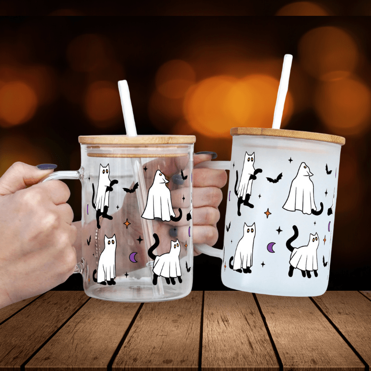 Halloween Ghost Cats Glass Can Cup, Ghost Cat Coffee Mug, Halloween Gift, Iced Coffee Cup, Spooky Season Coffee Mug