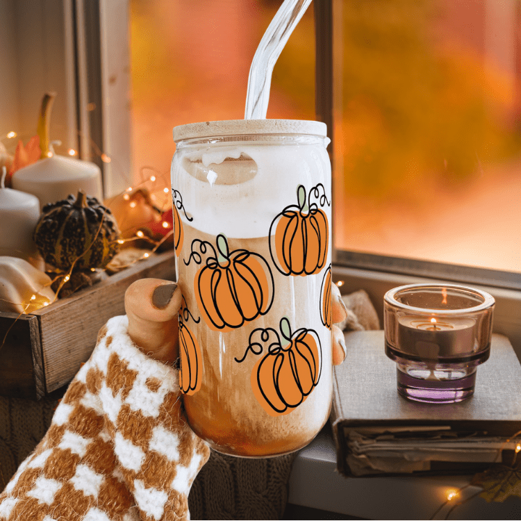 Pumpkin Glass Can Coffee Cup With Lid and Straw, Fall Coffee Mug, Fall Season Gift Pumpkin Season Design Iced Coffee Cup /16oz Glass Cup