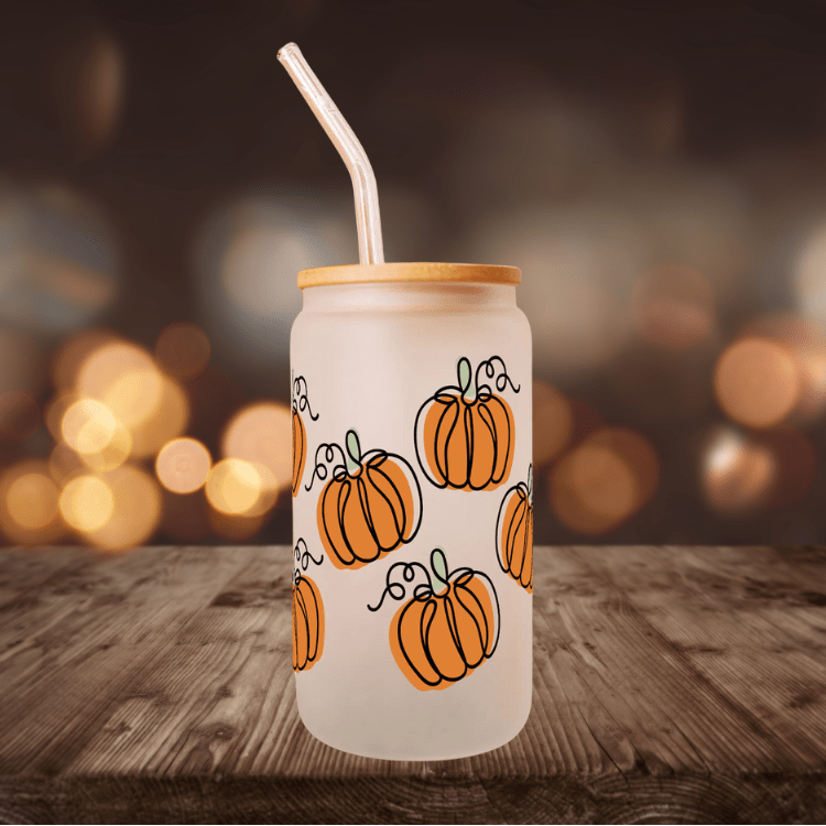 Pumpkin Glass Can Coffee Cup With Lid and Straw, Fall Coffee Mug, Fall Season Gift Pumpkin Season Design Iced Coffee Cup /16oz Glass Cup