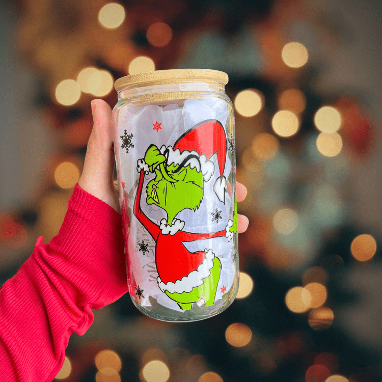 Christmas Grinch Cup 16oz Glass Can Cup With lid and Straw, Holiday Iced Coffee Glass, Beer Can Glass, Christmas gift for friend Christmas tumbler