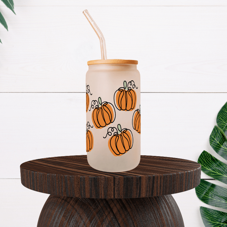 Pumpkin Glass Can Coffee Cup With Lid and Straw, Fall Coffee Mug, Fall Season Gift Pumpkin Season Design Iced Coffee Cup /16oz Glass Cup