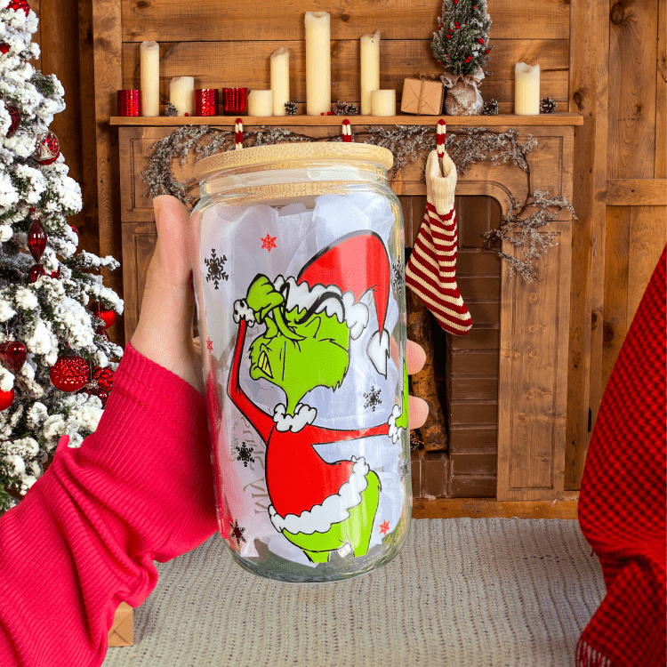 Christmas Grinch Cup 16oz Glass Can Cup With lid and Straw, Holiday Iced Coffee Glass, Beer Can Glass, Christmas gift for friend Christmas tumbler