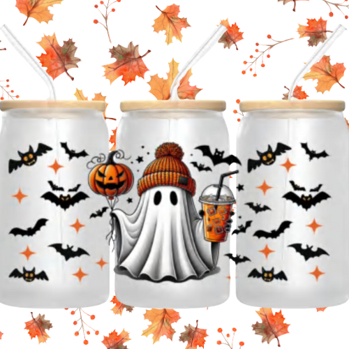 Libbey Cute Ghost Halloween 16 oz Glass Can Tumbler with Lid & Straw Spooky Season Gift for Iced Coffee & Drinks