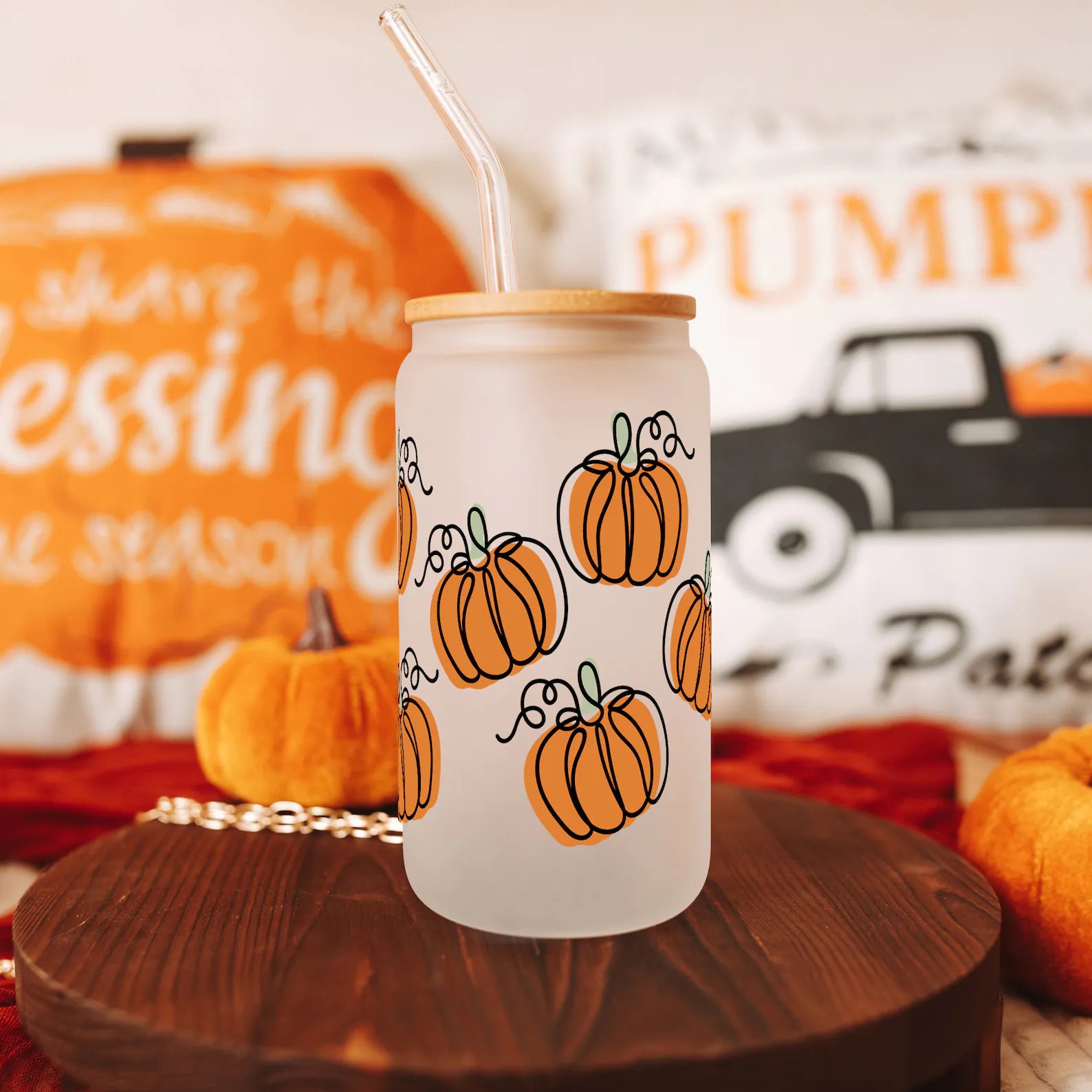 Pumpkin Glass Can Coffee Cup With Lid and Straw, Fall Coffee Mug, Fall Season Gift Pumpkin Season Design Iced Coffee Cup /16oz Glass Cup