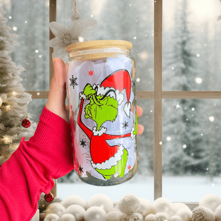 Christmas Grinch Cup 16oz Glass Can Cup With lid and Straw, Holiday Iced Coffee Glass, Beer Can Glass, Christmas gift for friend Christmas tumbler