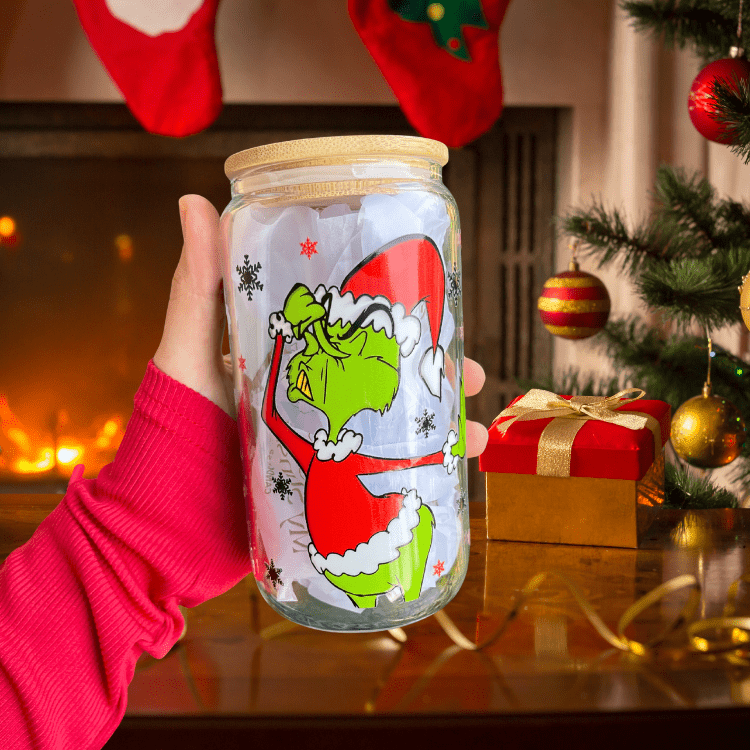 Christmas Grinch Cup 16oz Glass Can Cup With lid and Straw, Holiday Iced Coffee Glass, Beer Can Glass, Christmas gift for friend Christmas tumbler