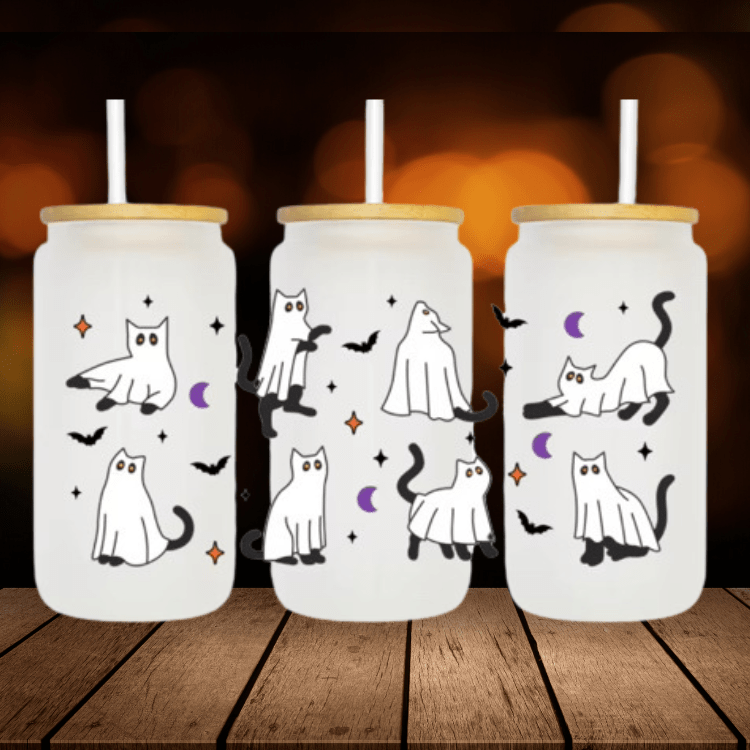 Halloween Ghost Cats Glass Can Cup, Ghost Cat Coffee Mug, Halloween Gift, Iced Coffee Cup, Spooky Season Coffee Mug