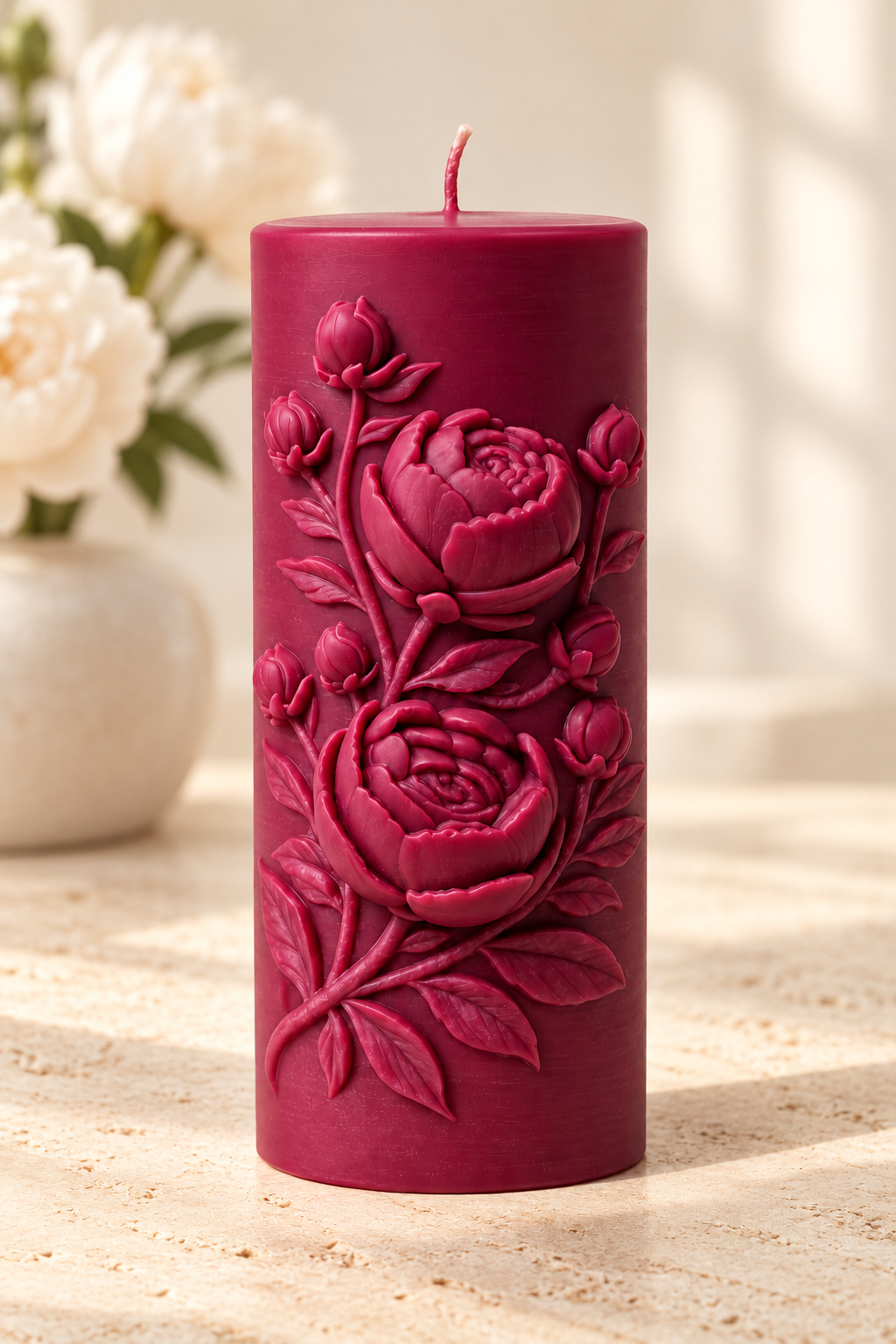 Peony Pillar Candle – Handmade Soy Wax Floral Candle Vintage Table Centerpiece