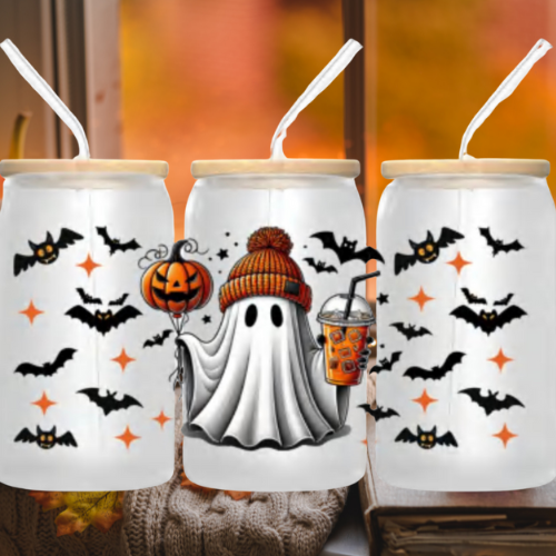Libbey Cute Ghost Halloween 16 oz Glass Can Tumbler with Lid & Straw Spooky Season Gift for Iced Coffee & Drinks