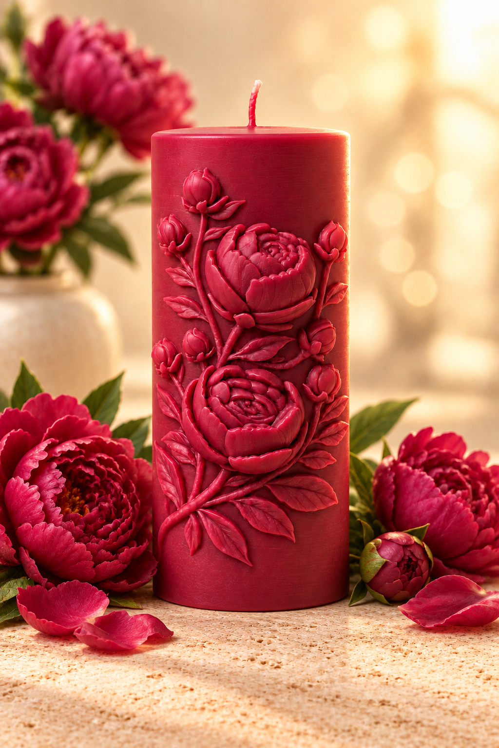 Peony Pillar Candle – Handmade Soy Wax Floral Candle Vintage Table Centerpiece