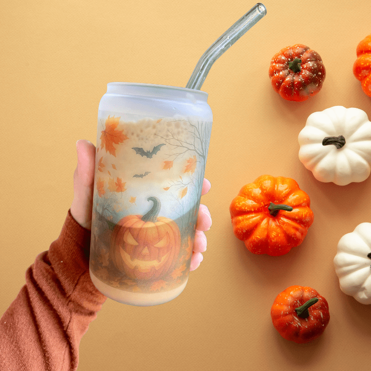 Halloween Frosted Pumpkin Iced Coffee Cup Fall Glass Tumbler with Pumpkin Design Gift for Friends Halloween & Fall Coffee Cup Autumn Bamboo Bottle