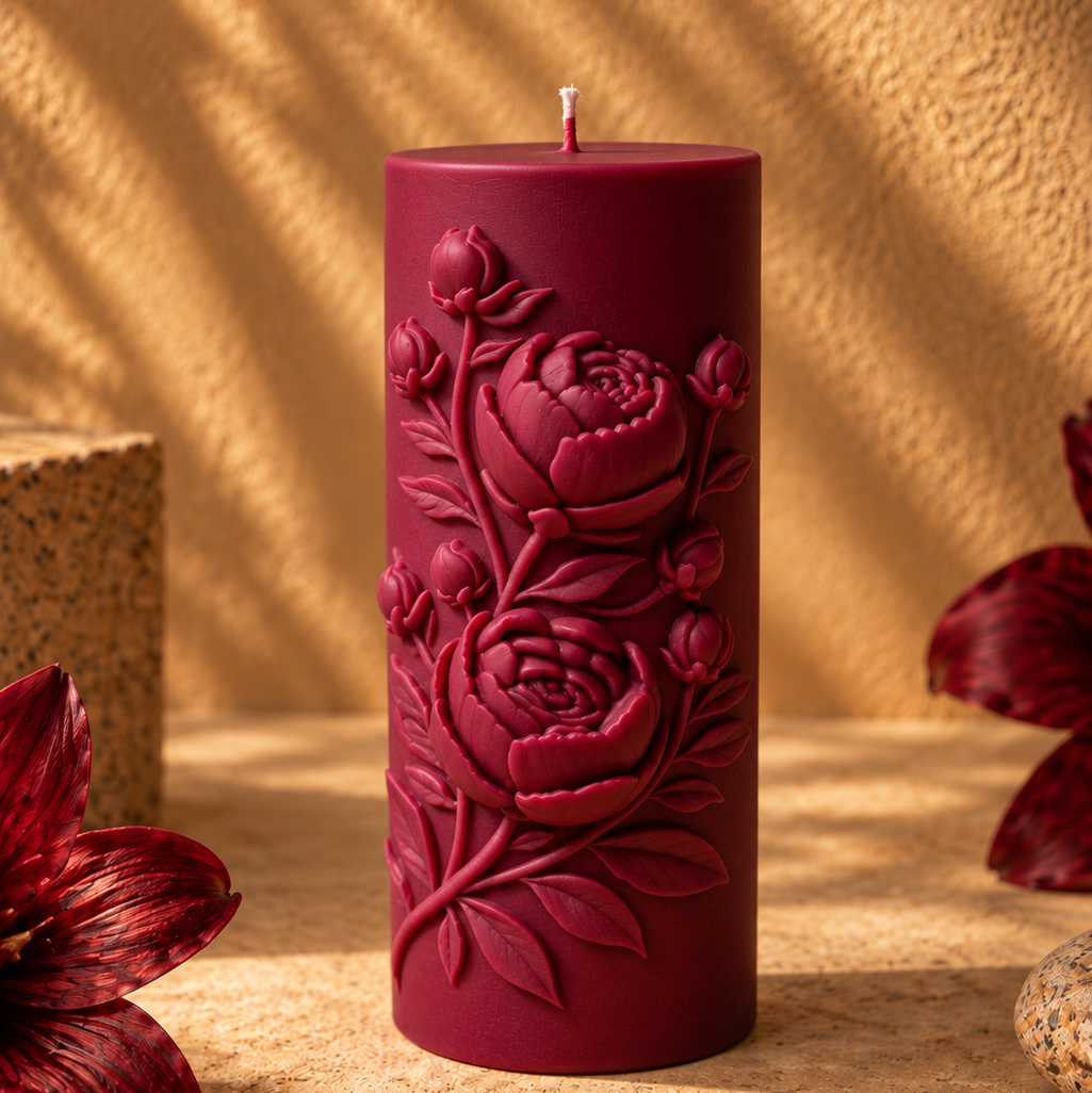 A dark burgundy cylindrical pillar candle with embossed floral relief, standing on a textured beige surface with warm sunlight and leaf shadows.