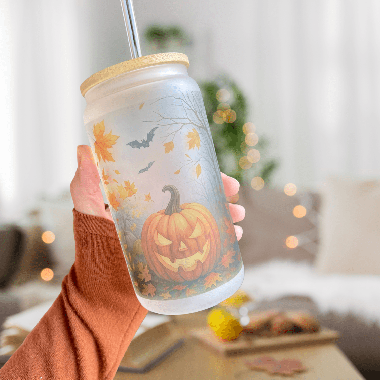 Halloween Frosted Pumpkin Iced Coffee Cup Fall Glass Tumbler with Pumpkin Design Gift for Friends Halloween & Fall Coffee Cup Autumn Bamboo Bottle