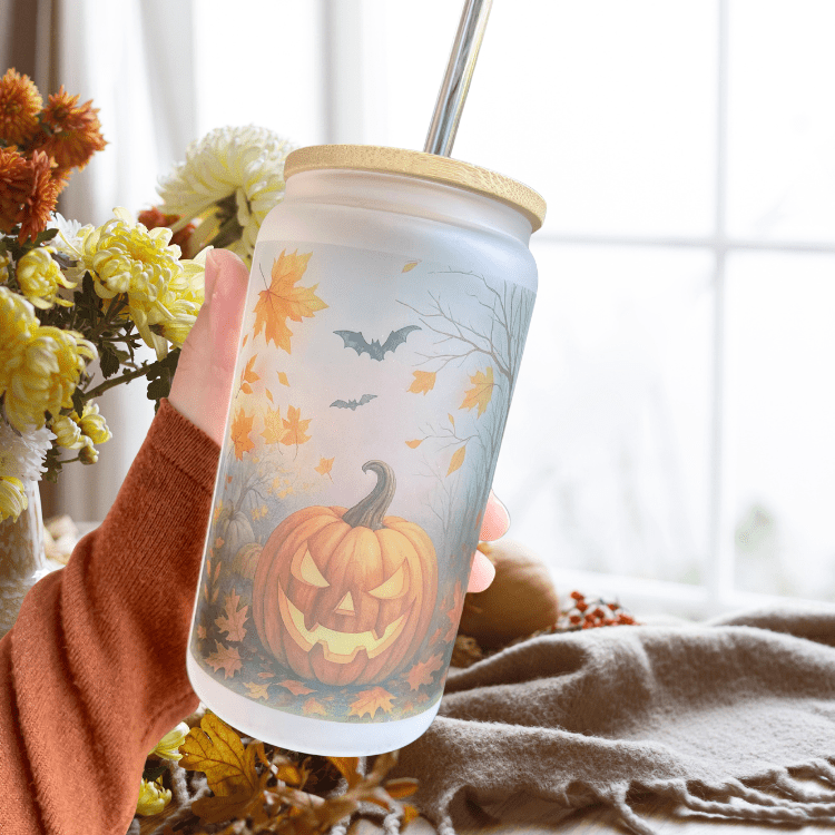 Halloween Frosted Pumpkin Iced Coffee Cup Fall Glass Tumbler with Pumpkin Design Gift for Friends Halloween & Fall Coffee Cup Autumn Bamboo Bottle