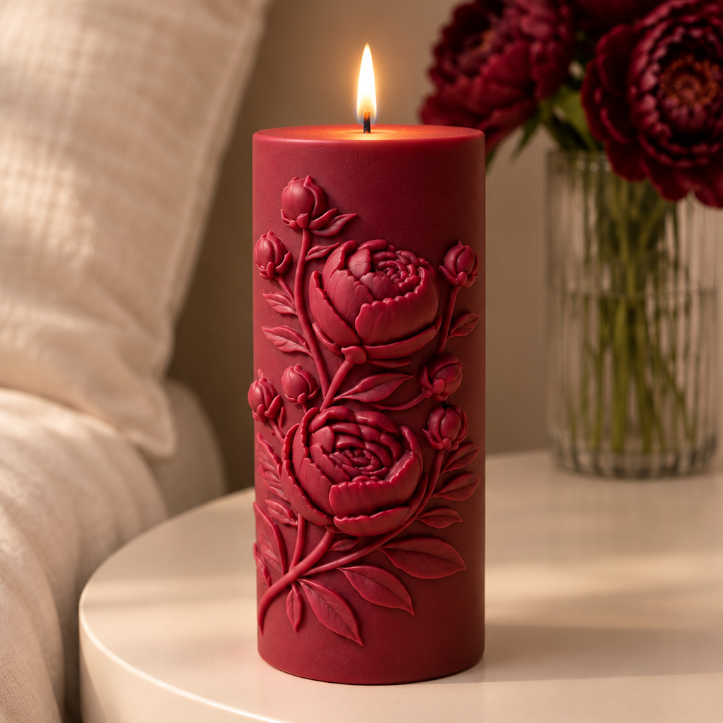 Peony Pillar Candle – Handmade Soy Wax Floral Candle Vintage Table Centerpiece