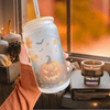 Halloween Frosted Pumpkin Iced Coffee Cup Fall Glass Tumbler with Pumpkin Design Gift for Friends Halloween & Fall Coffee Cup Autumn Bamboo Bottle