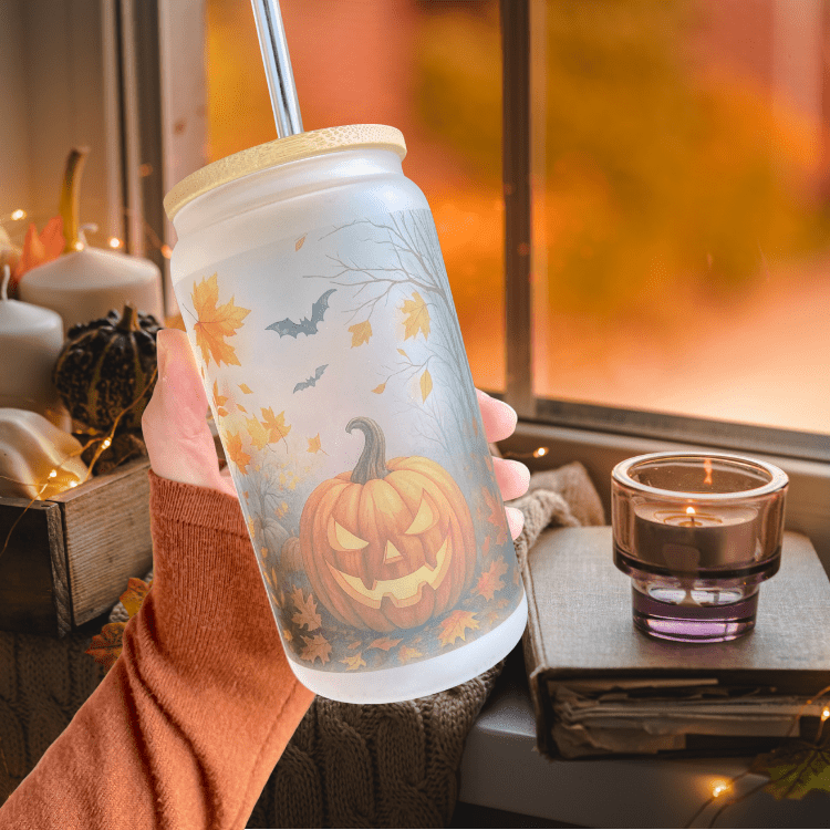 Halloween Frosted Pumpkin Iced Coffee Cup Fall Glass Tumbler with Pumpkin Design Gift for Friends Halloween & Fall Coffee Cup Autumn Bamboo Bottle