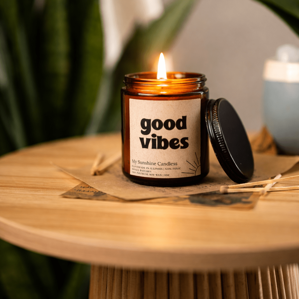 Good Vibes Amber Jar Candle 8 oz – Soy Wax Candle, Clean Burning, Non-Toxic, Handmade - MY Sunshine Candless