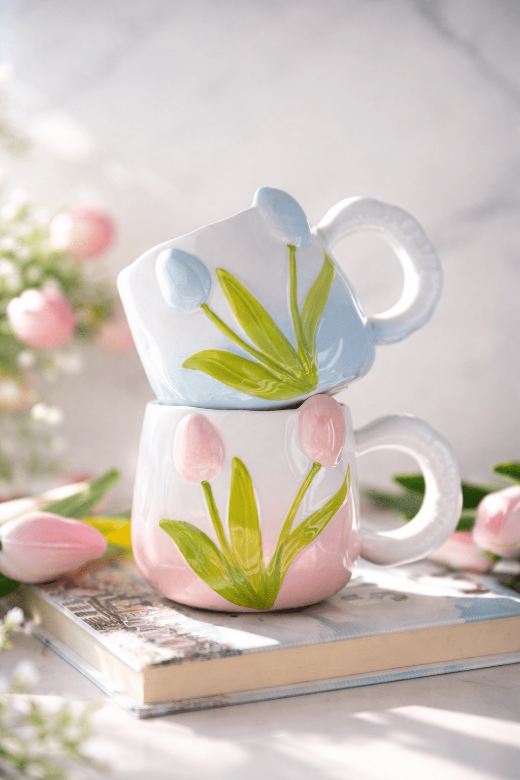 Hand-Painted 3D Tulip Ceramic Coffee Mug (400ml) – Colorful Floral Tea Cup - MY Sunshine Candless