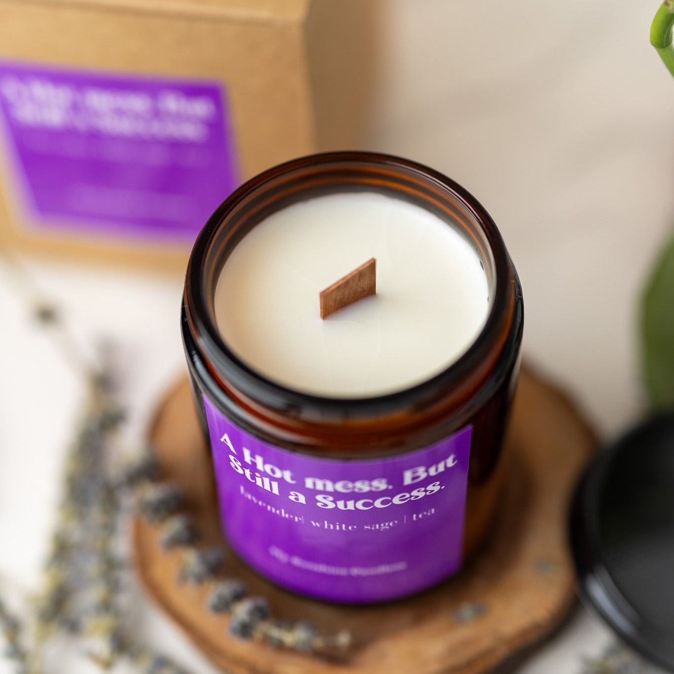 A Hot Mess but Still a Success Candle – 8 oz Amber Jar Soy Candle – Funny Motivational Gift - MY Sunshine Candless