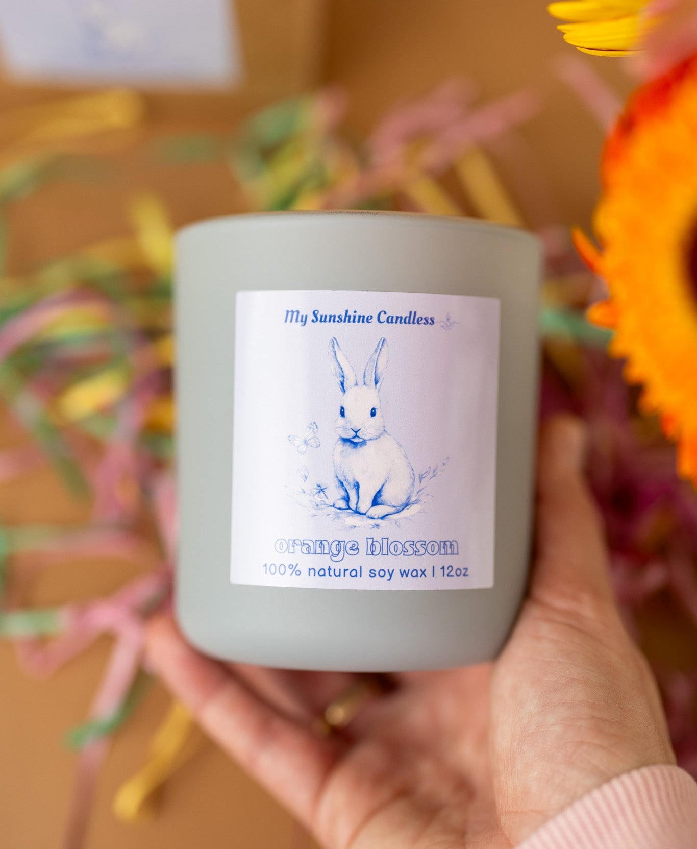 Vintage Easter Egg Rabbit Candle – Blue Floral Spring Bunny Gift, 12 oz Matte Luxury Glass Jar - MY Sunshine Candless