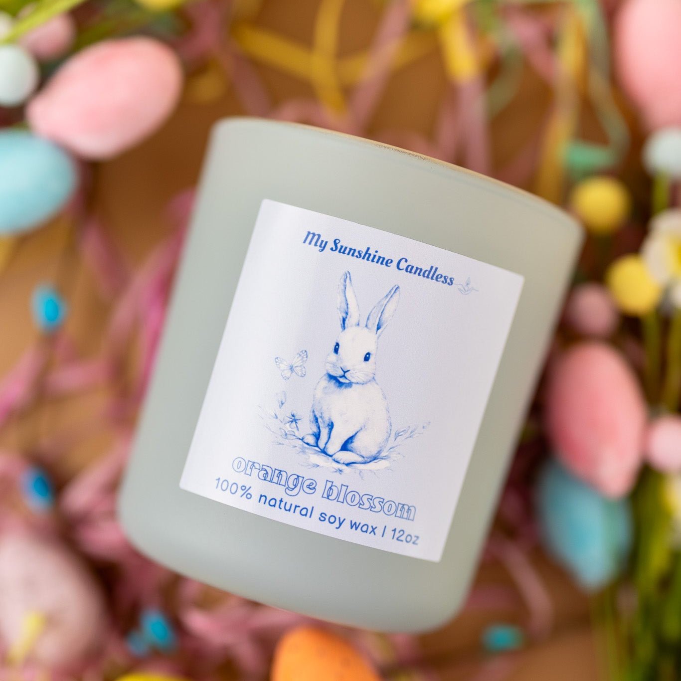 Vintage Easter Egg Rabbit Candle – Blue Floral Spring Bunny Gift, 12 oz Matte Luxury Glass Jar - MY Sunshine Candless
