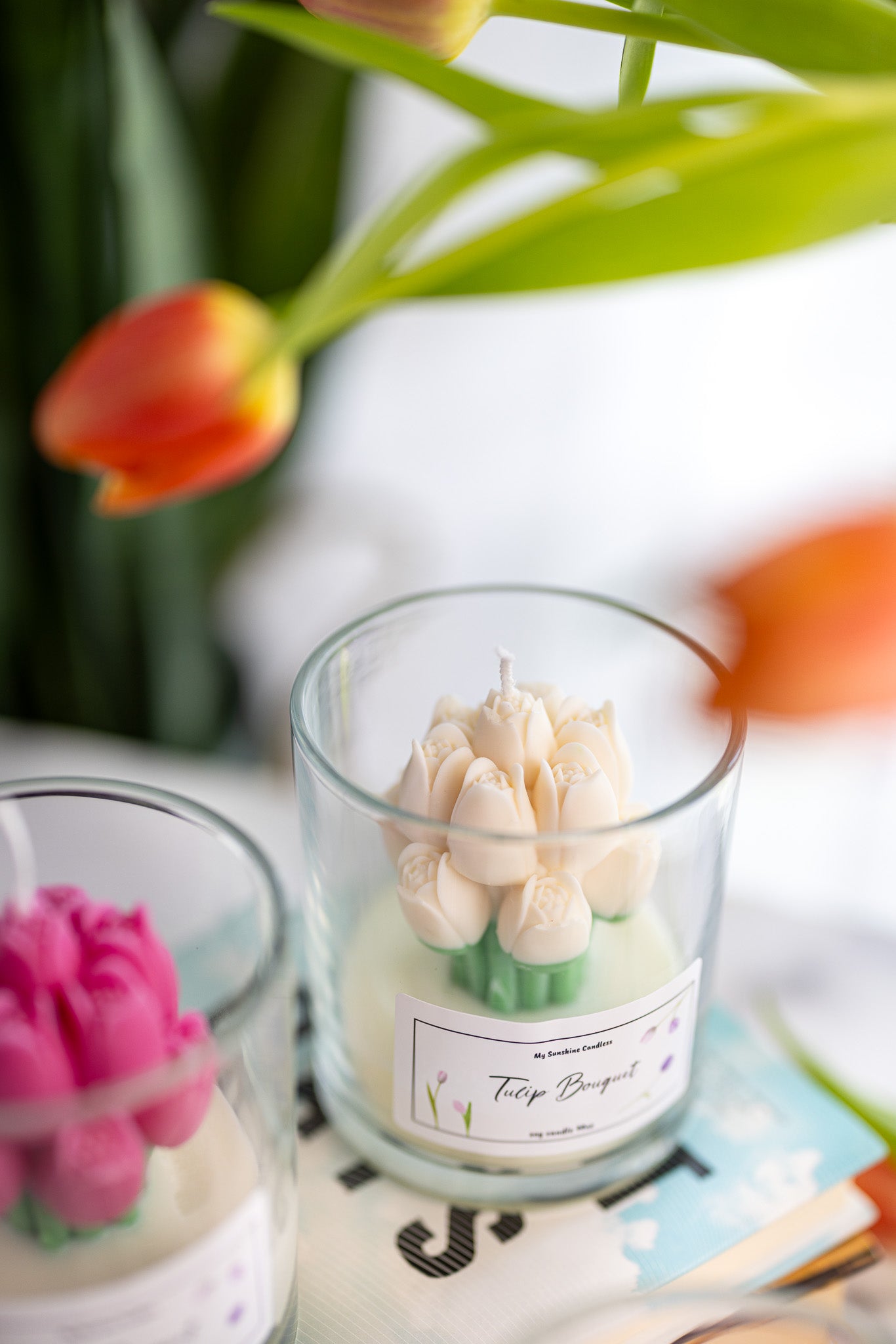 Handmade Tulip Bouquet Scented Candle In Glass Jar /14 Oz Long Lasting Scent