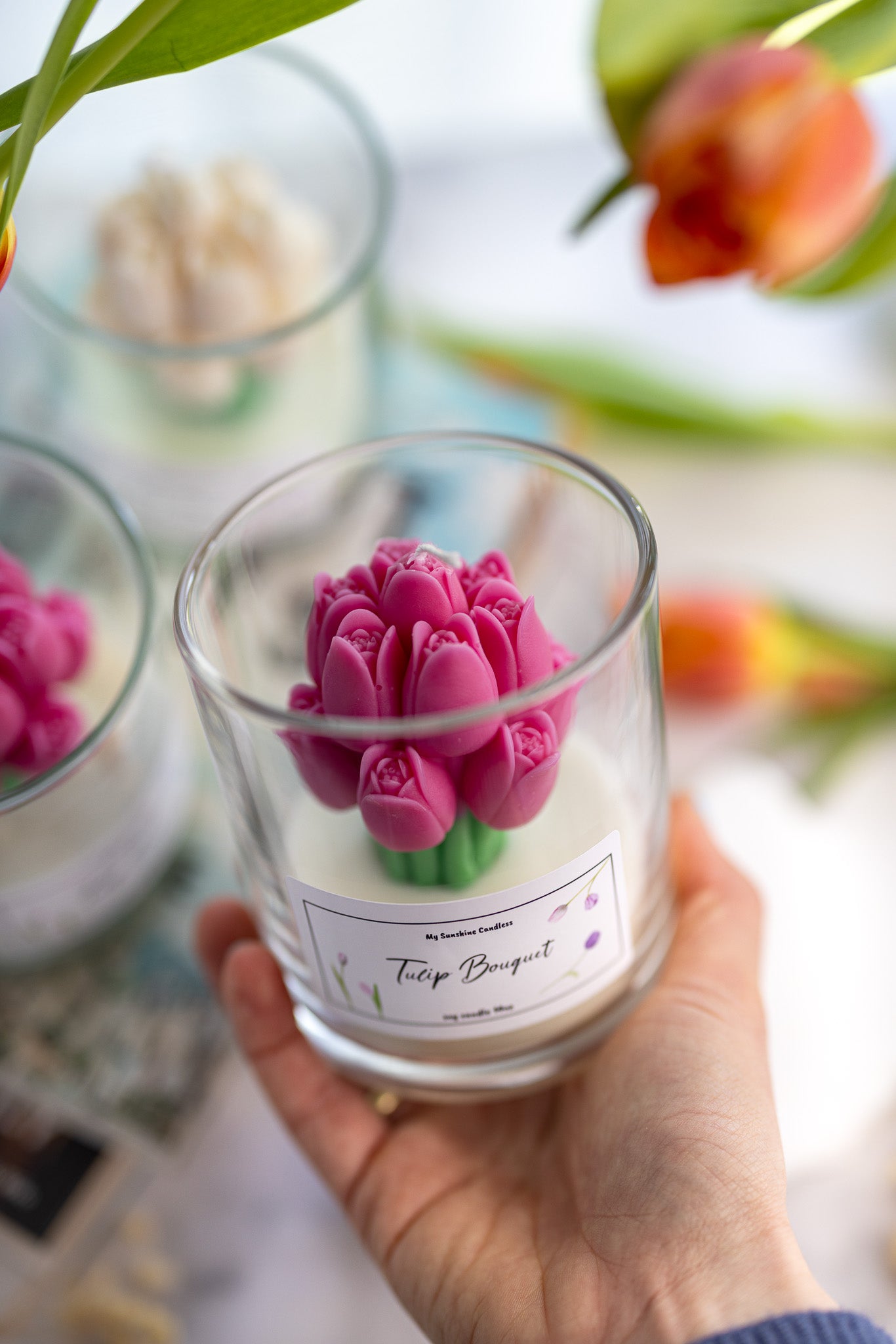 Handmade Tulip Bouquet Scented Candle In Glass Jar /14 Oz Long Lasting Scent