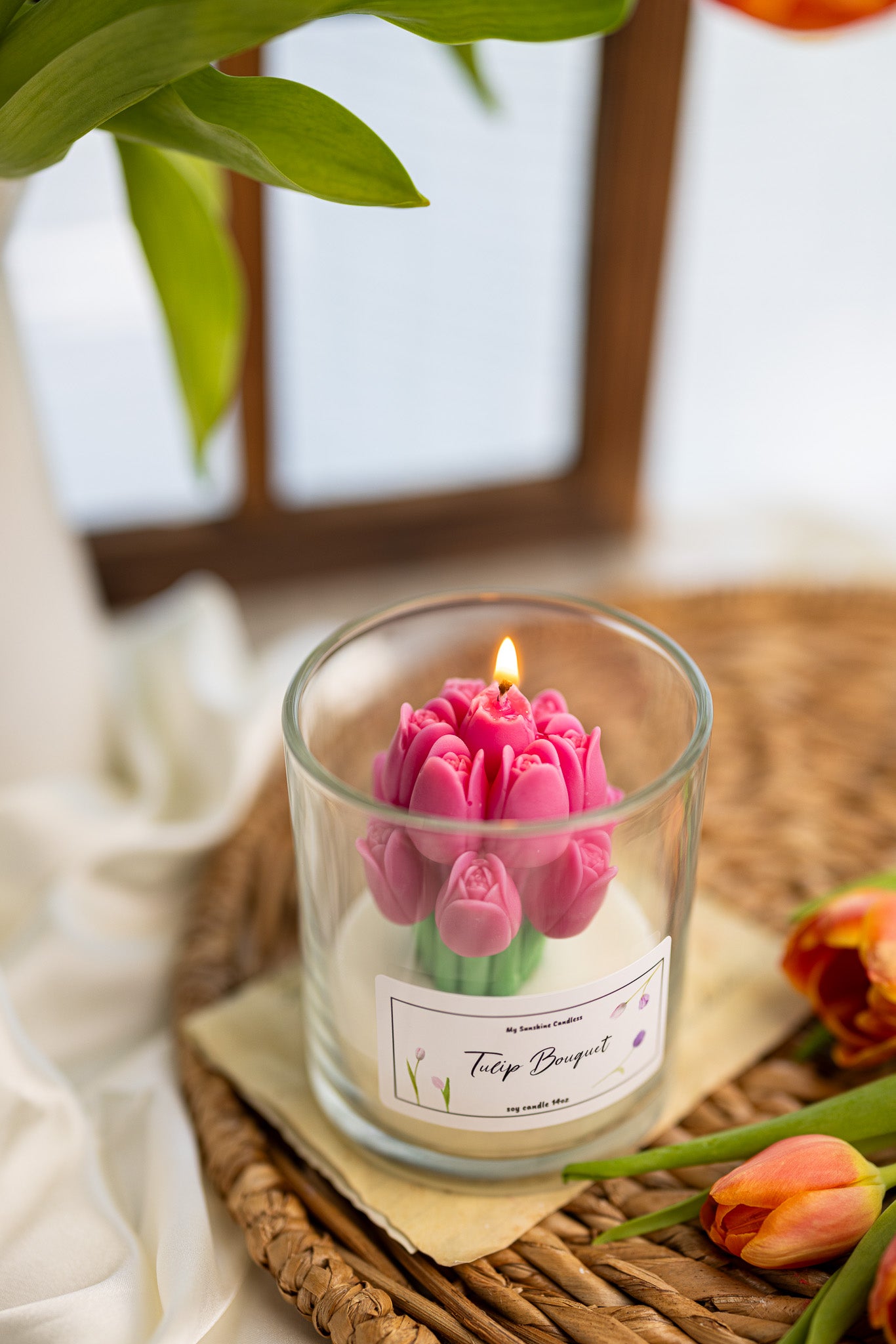 Handmade Tulip Bouquet Scented Candle In Glass Jar /14 Oz Long Lasting Scent