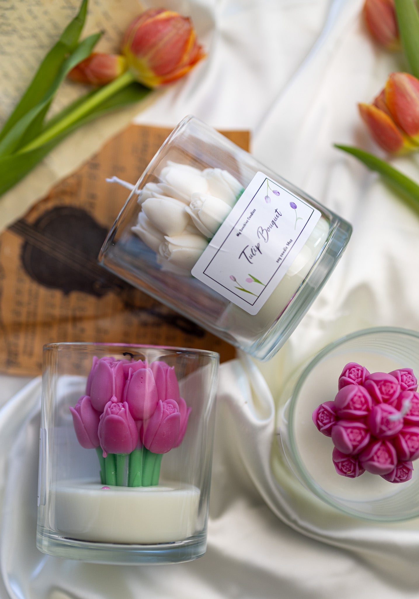 Handmade Tulip Bouquet Scented Candle In Glass Jar /14 Oz Long Lasting Scent