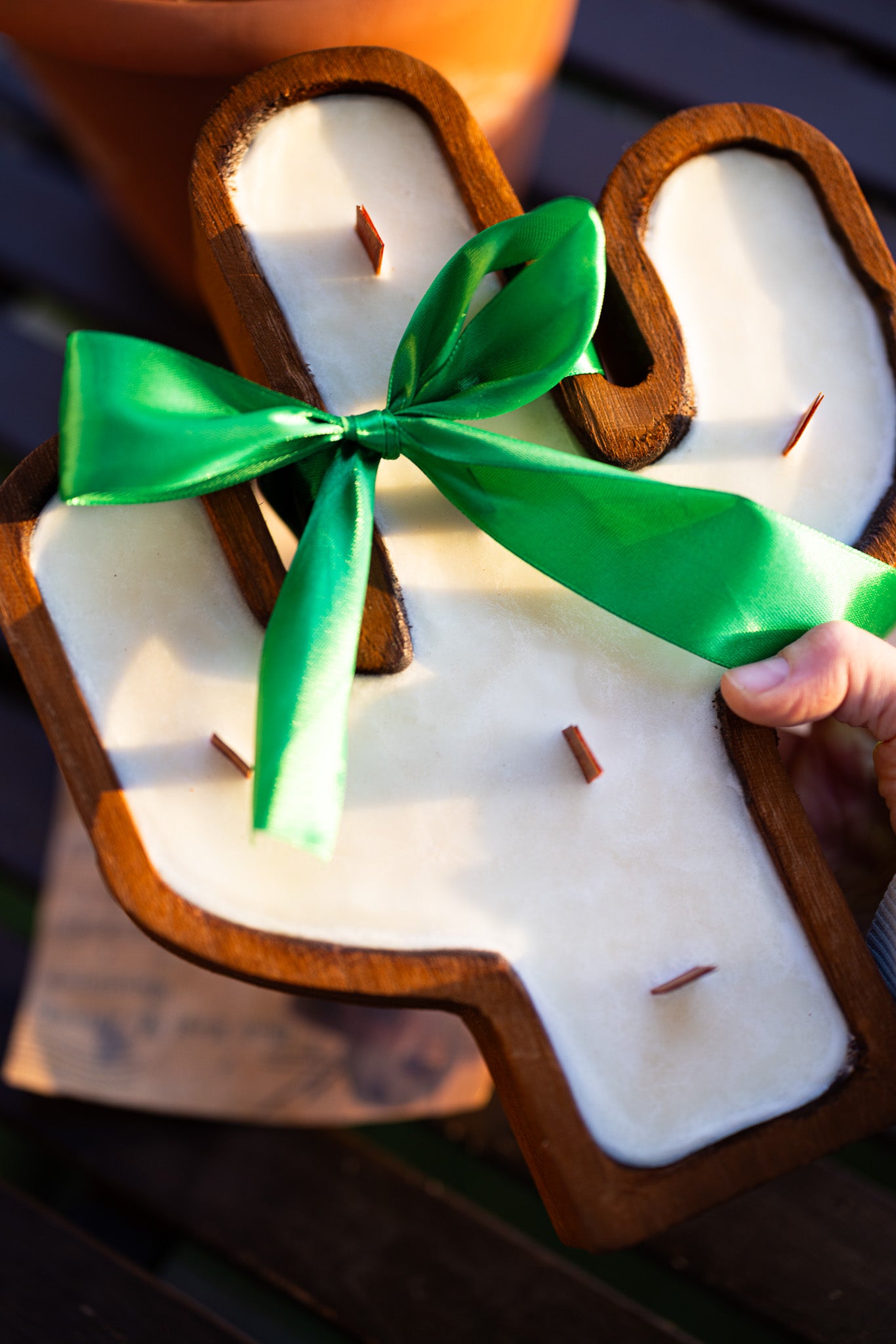 Cactus Rustic Wood Bowl Candle / 6 Wood Wicks