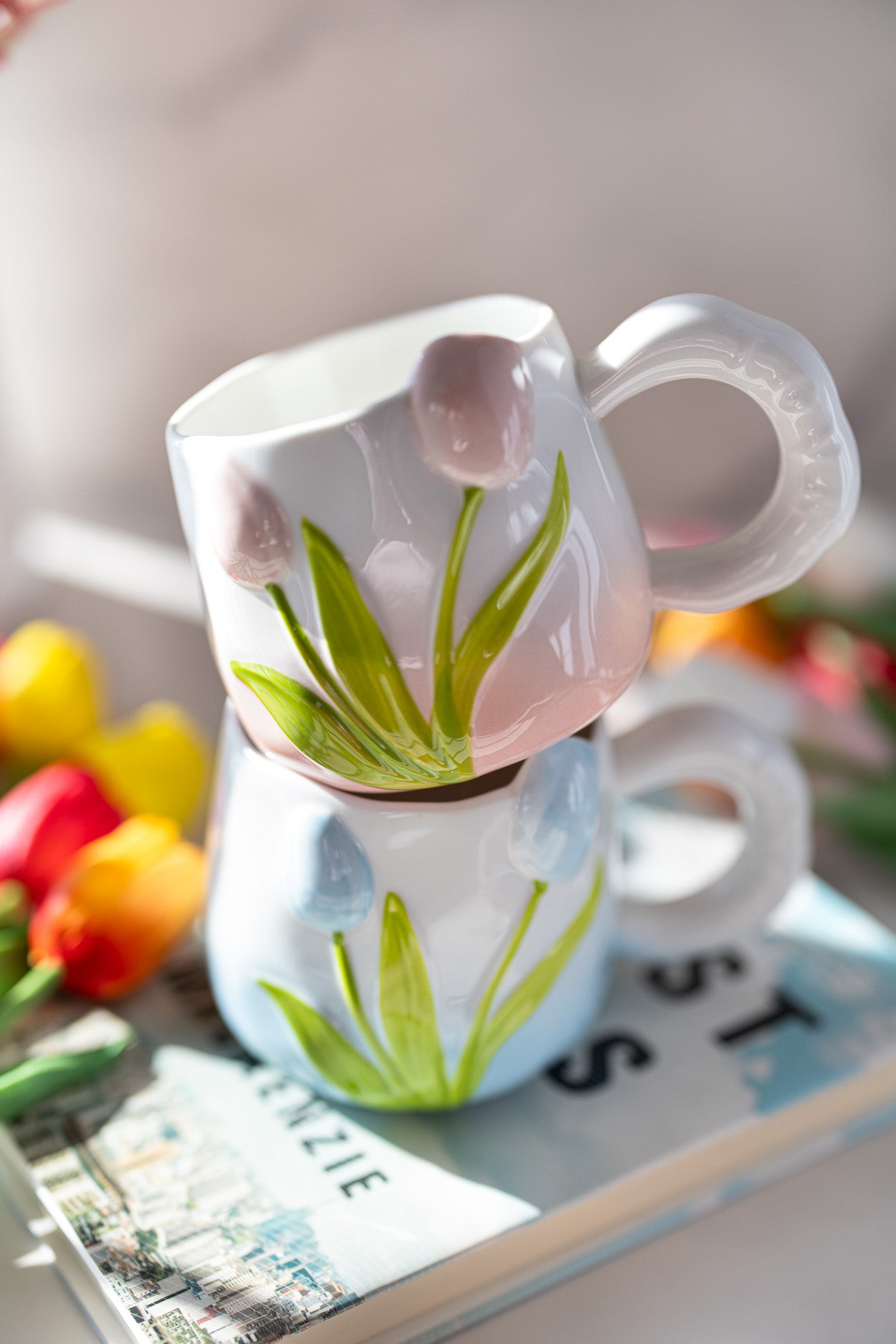 Hand-Painted 3D Tulip Ceramic Coffee Mug (400ml) – Colorful Floral Tea Cup - MY Sunshine Candless