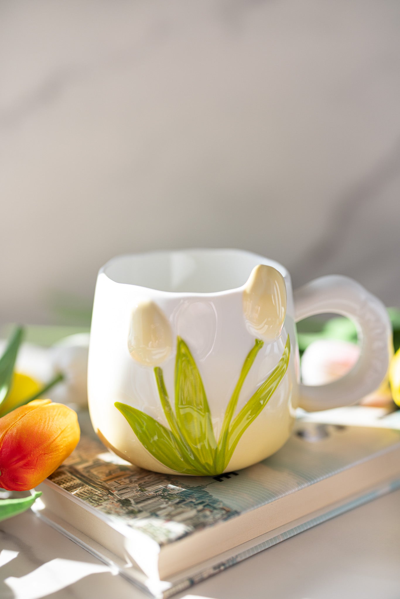 Hand-Painted 3D Tulip Ceramic Coffee Mug (400ml) – Colorful Floral Tea Cup - MY Sunshine Candless