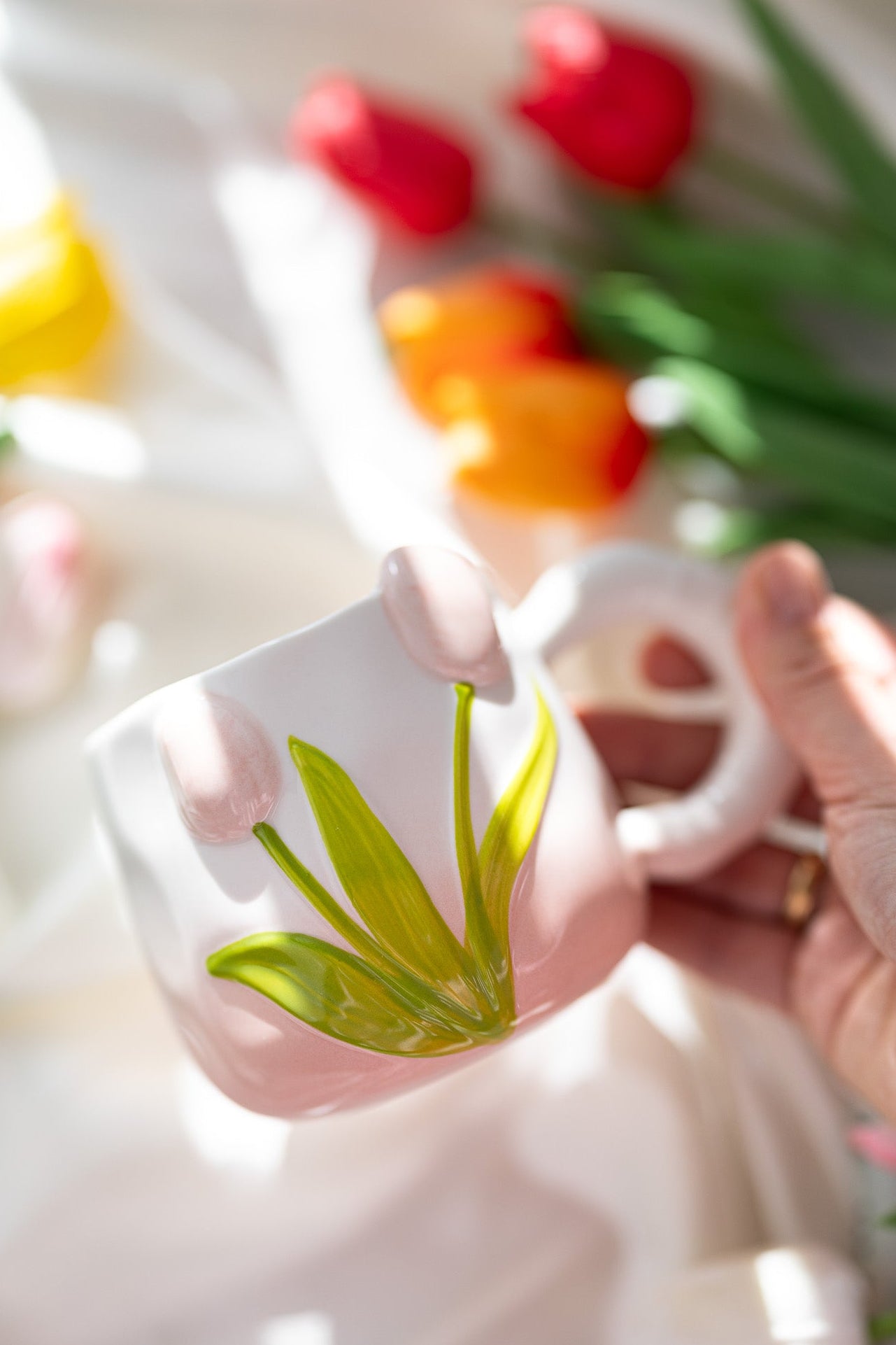 Hand-Painted 3D Tulip Ceramic Coffee Mug (400ml) – Colorful Floral Tea Cup - MY Sunshine Candless