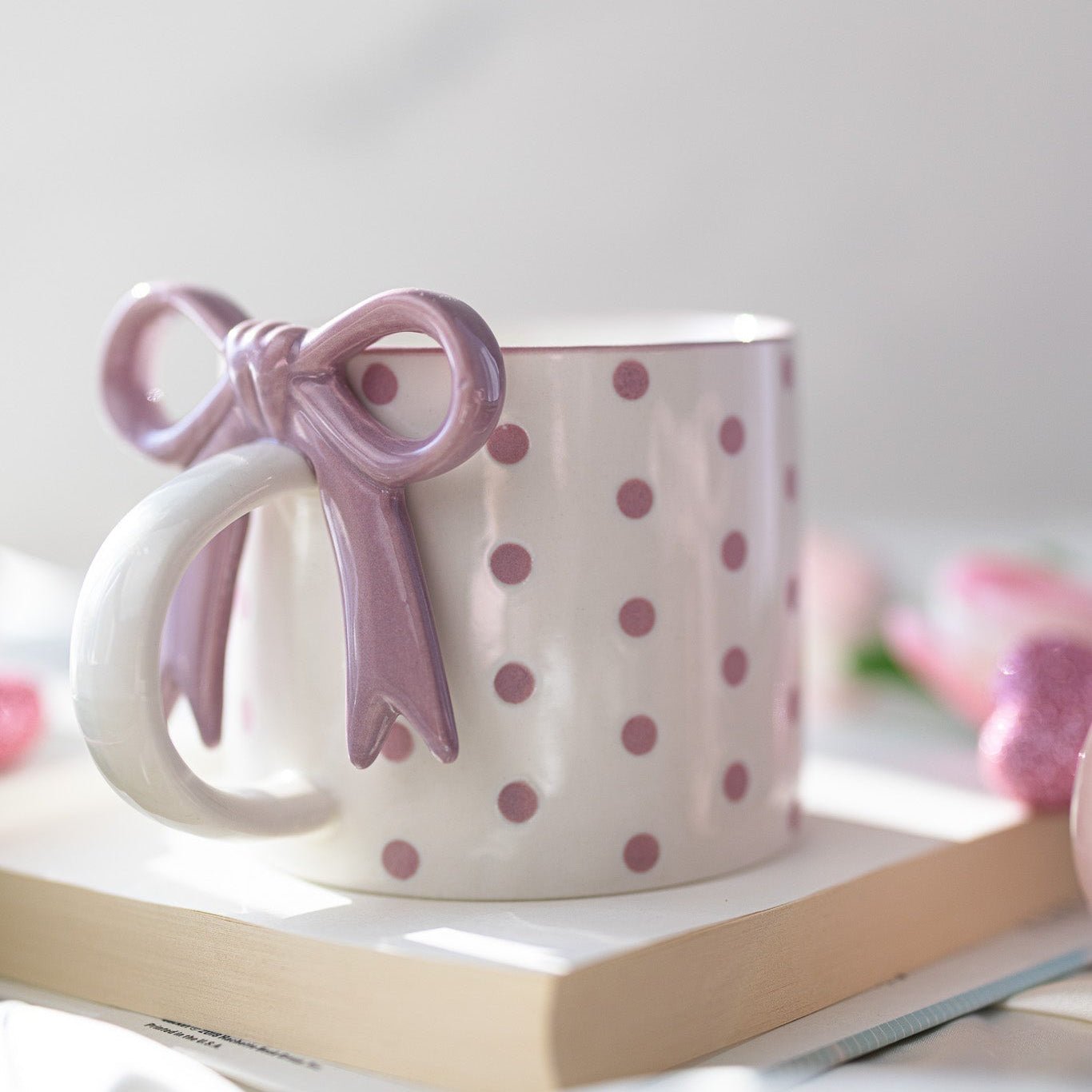 Bowknot Heart Ceramic Mug with Dots Pattern – Romantic Coffee & Tea Cup for Gifts - MY Sunshine Candless