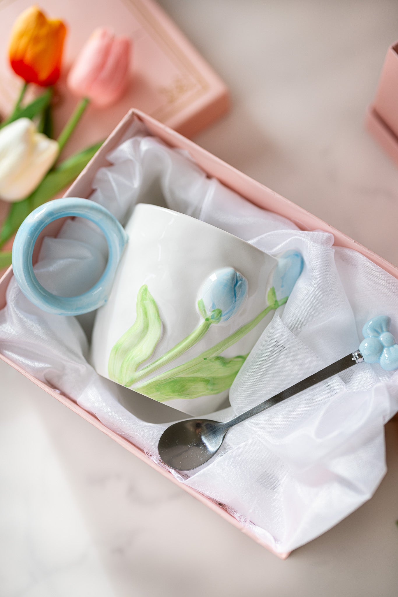 3D Tulip Ceramic Mug with Spoon Gift Set | Hand-Carved Floral Coffee Cup - MY Sunshine Candless