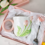 3D Tulip Ceramic Mug with Spoon Gift Set | Hand-Carved Floral Coffee Cup - MY Sunshine Candless