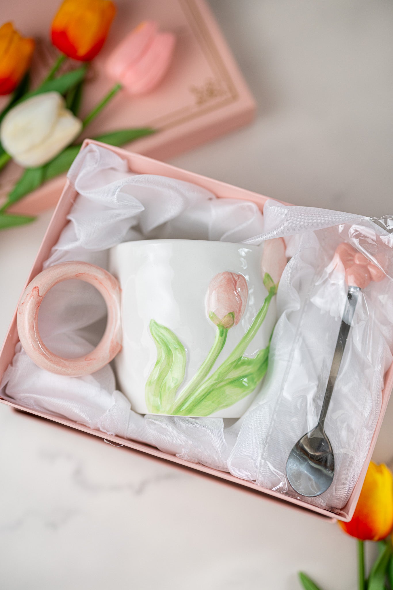 3D Tulip Ceramic Mug with Spoon Gift Set | Hand-Carved Floral Coffee Cup - MY Sunshine Candless