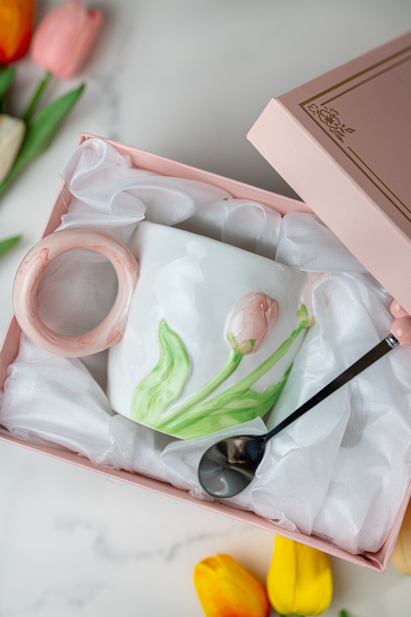 3D Tulip Ceramic Mug with Spoon Gift Set | Hand-Carved Floral Coffee Cup - MY Sunshine Candless