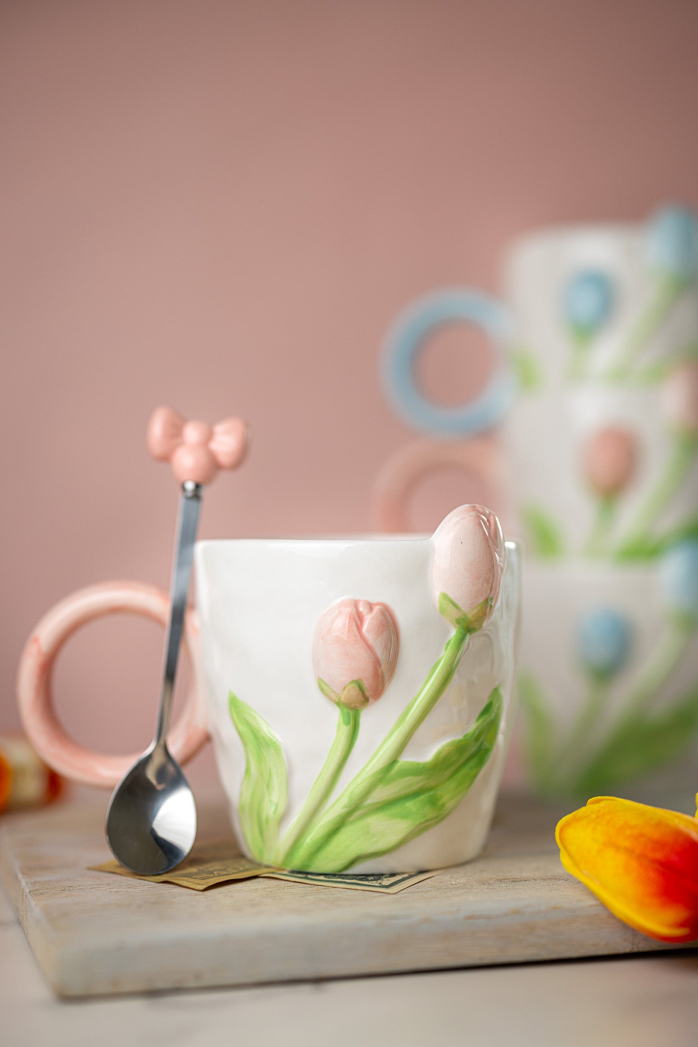 3D Tulip Ceramic Mug with Spoon Gift Set | Hand-Carved Floral Coffee Cup - MY Sunshine Candless