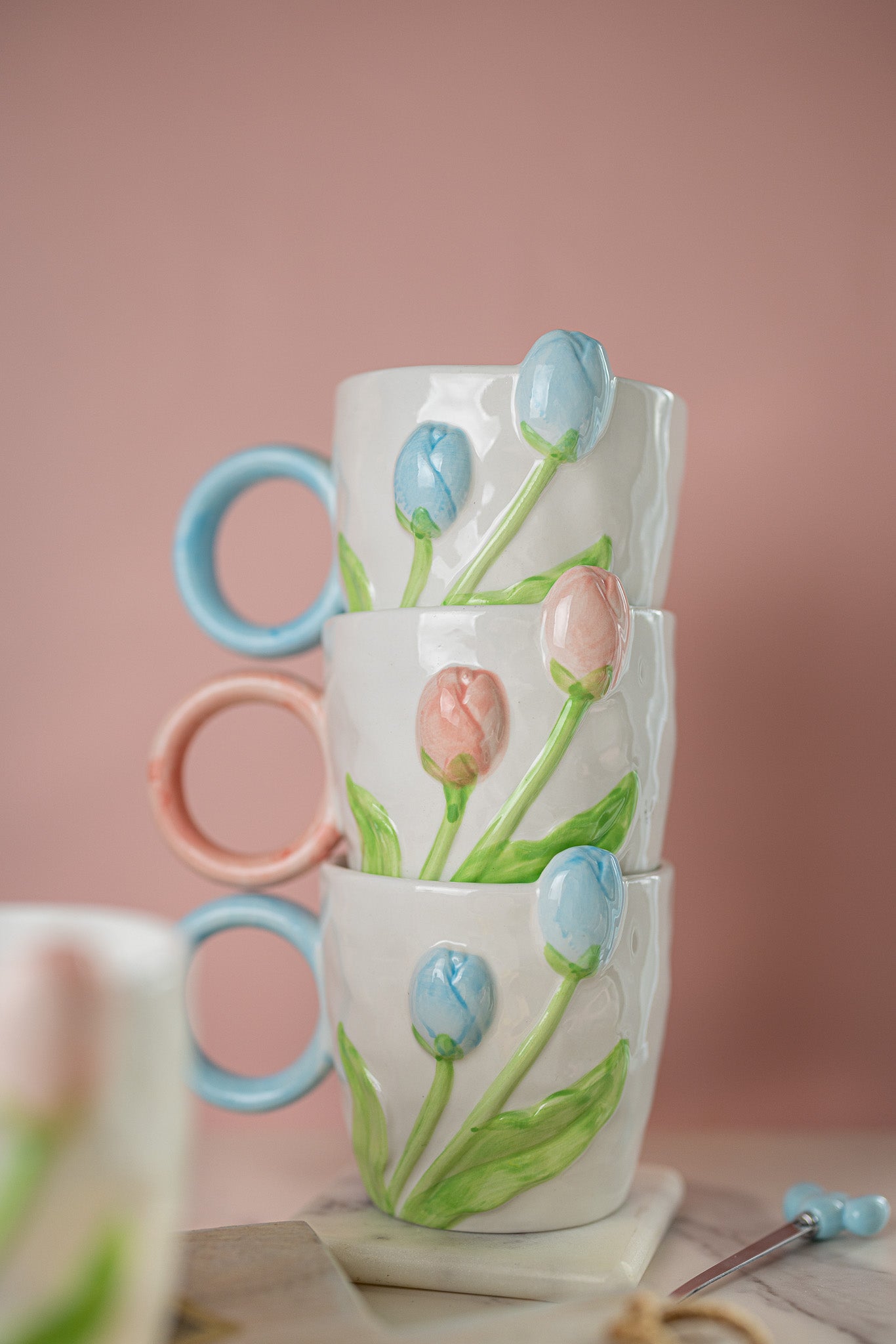 3D Tulip Ceramic Mug with Spoon Gift Set | Hand-Carved Floral Coffee Cup - MY Sunshine Candless