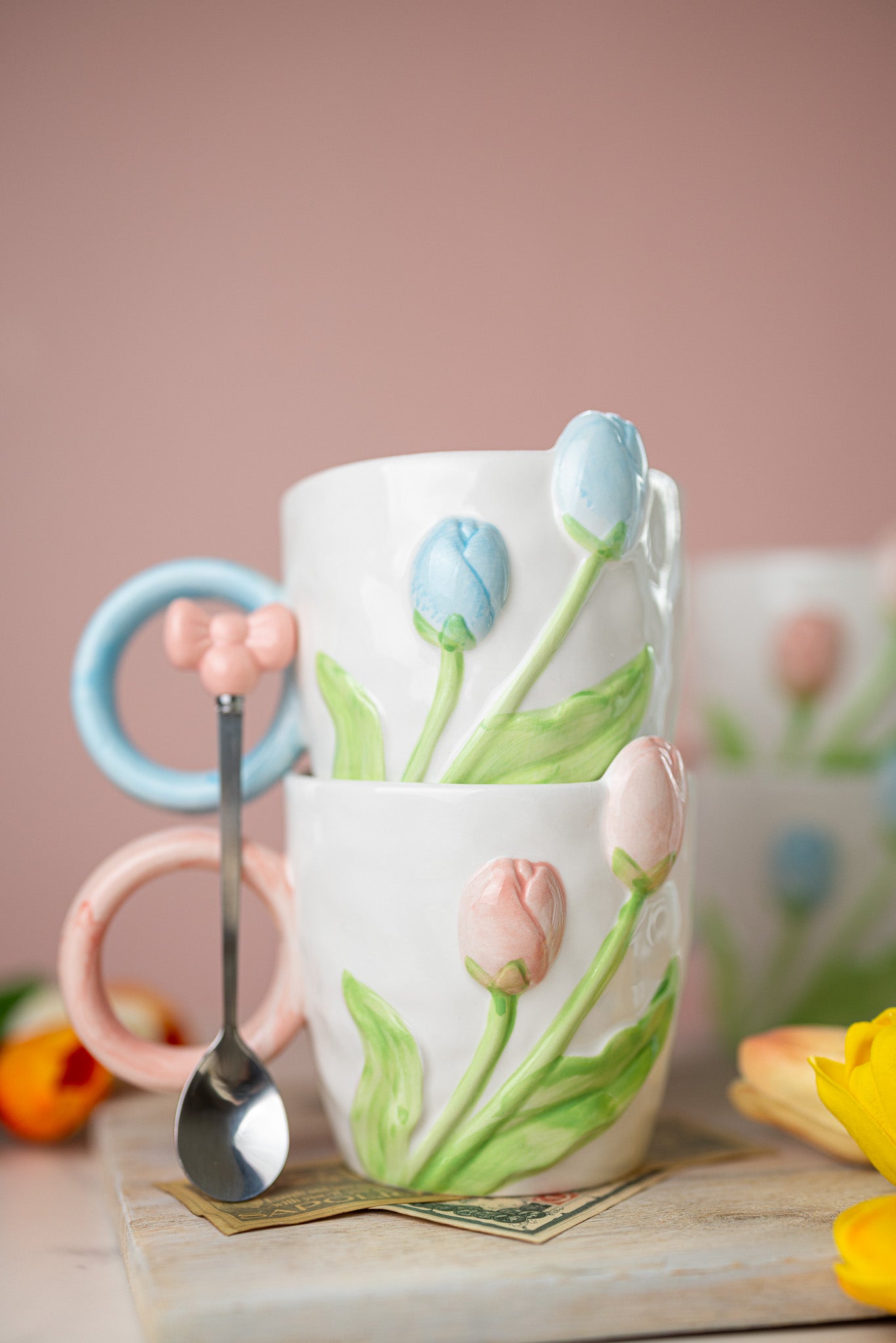 3D Tulip Ceramic Mug with Spoon Gift Set | Hand-Carved Floral Coffee Cup - MY Sunshine Candless