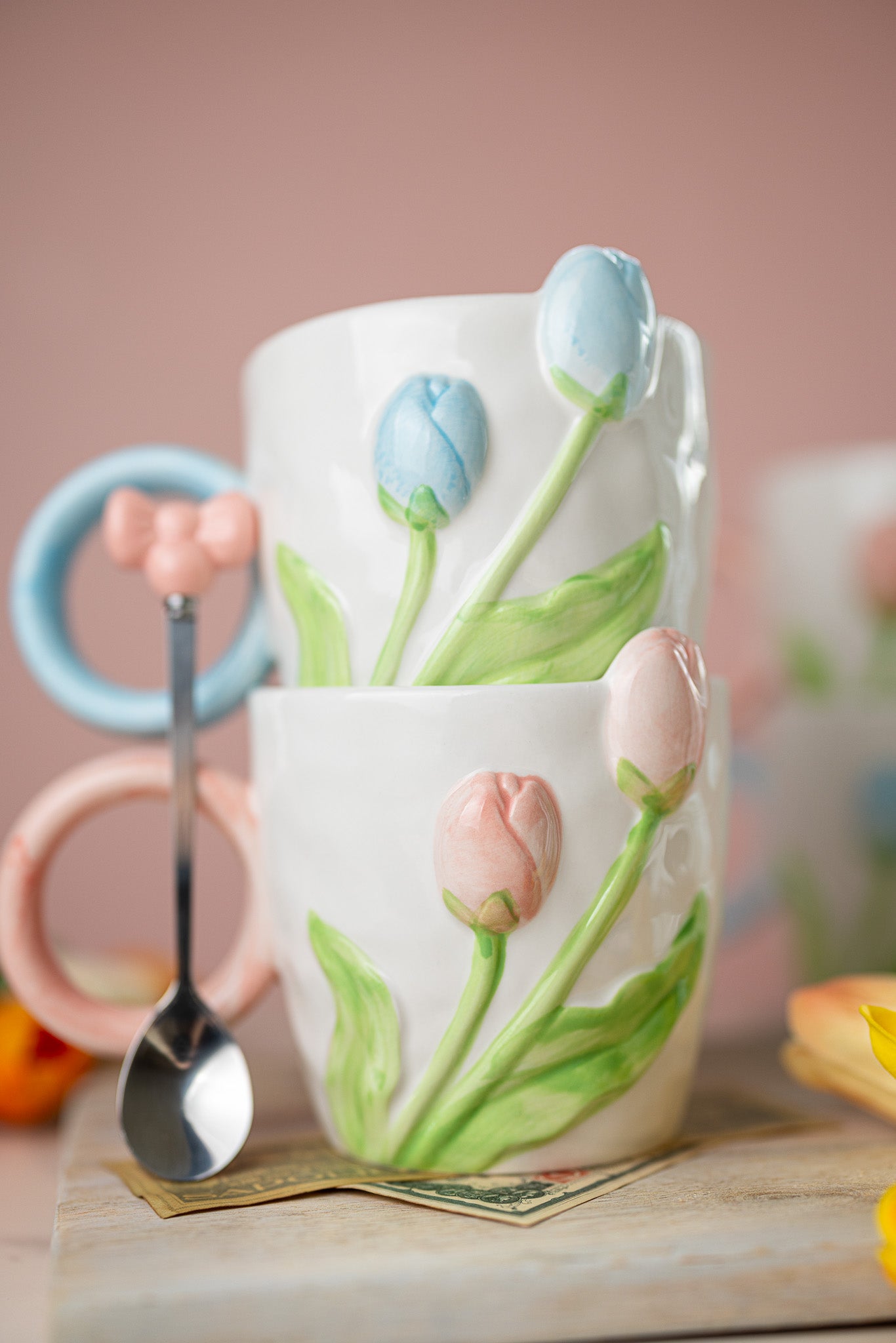 3D Tulip Ceramic Mug with Spoon Gift Set | Hand-Carved Floral Coffee Cup - MY Sunshine Candless