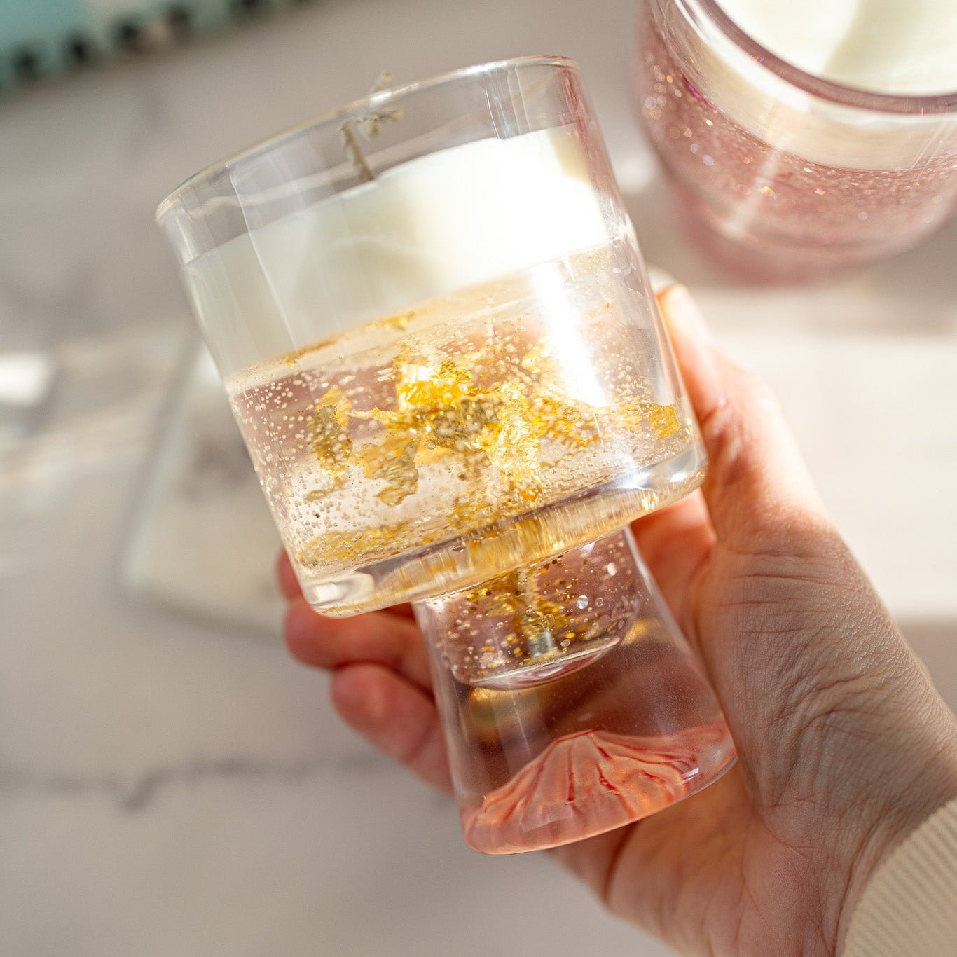 Champagne Gel Candle with Gold Leaf – Luxury Soy Wax Top , Reusable Coffee Mug - MY Sunshine Candless