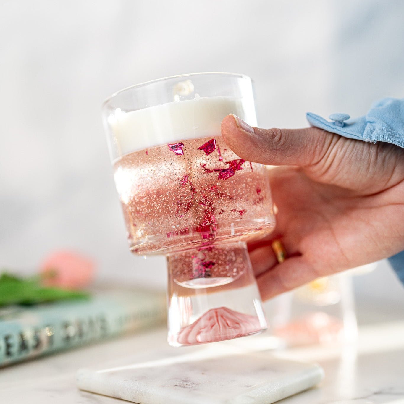 Champagne Gel Candle with Gold Leaf – Luxury Soy Wax Top , Reusable Coffee Mug - MY Sunshine Candless