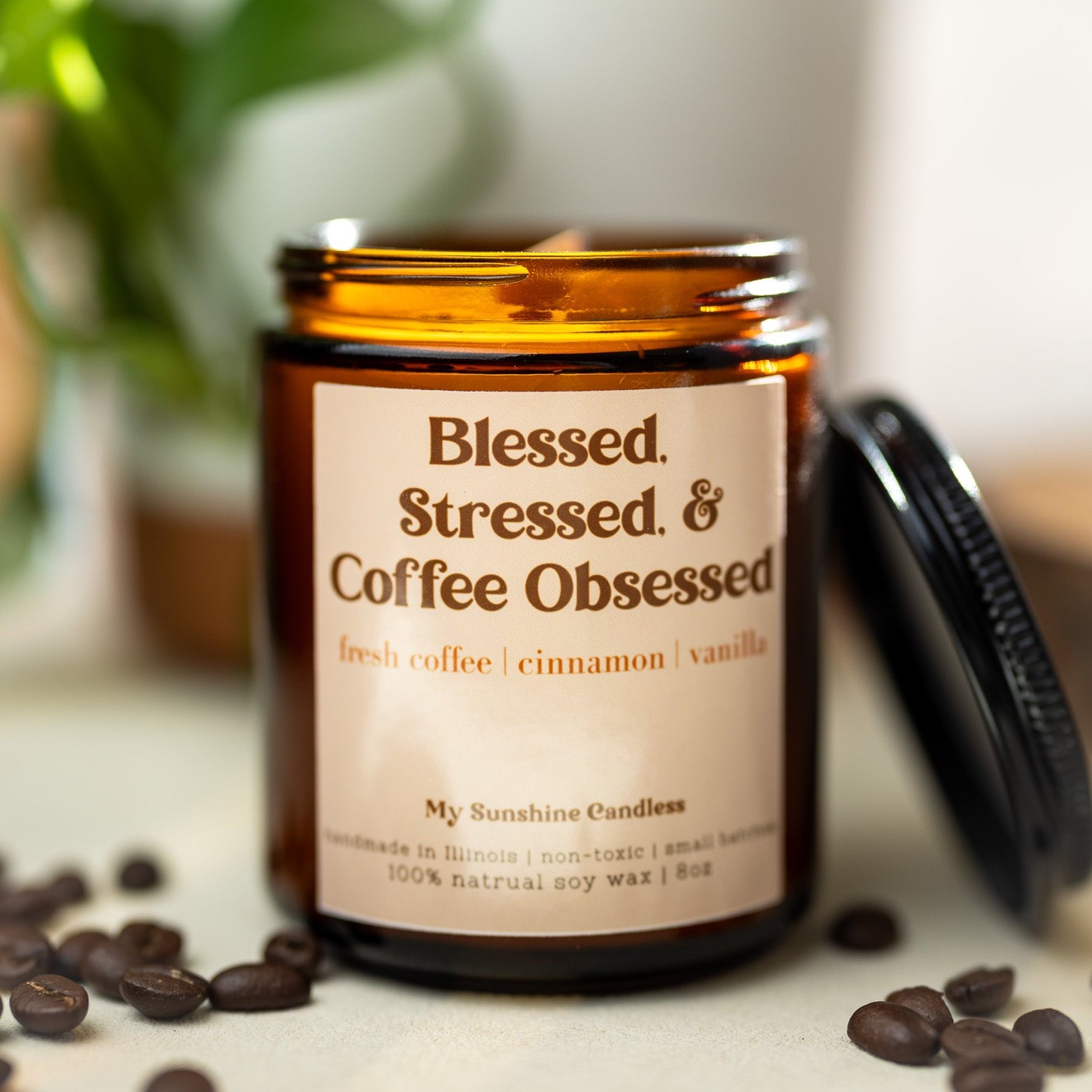 Blessed Stressed & Coffee Obsessed Candle – 8 oz Amber Jar Soy Candle – Funny Coffee Lover Gift - MY Sunshine Candless