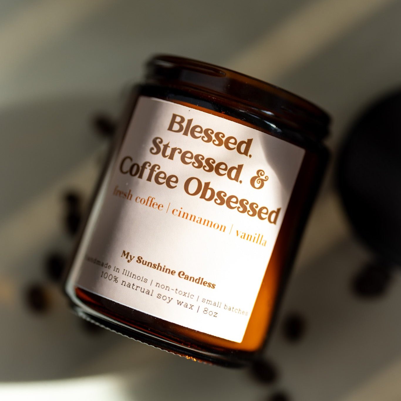 Blessed Stressed & Coffee Obsessed Candle – 8 oz Amber Jar Soy Candle – Funny Coffee Lover Gift - MY Sunshine Candless