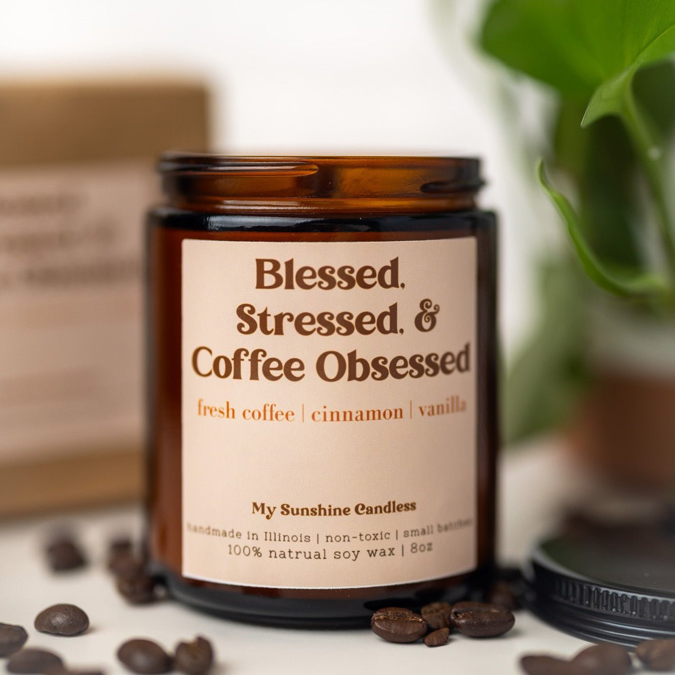 Blessed Stressed & Coffee Obsessed Candle – 8 oz Amber Jar Soy Candle – Funny Coffee Lover Gift - MY Sunshine Candless