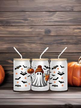 Libbey Cute Ghost Halloween 16 oz Glass Can Tumbler with Lid & Straw Spooky Season Gift for Iced Coffee & Drinks
